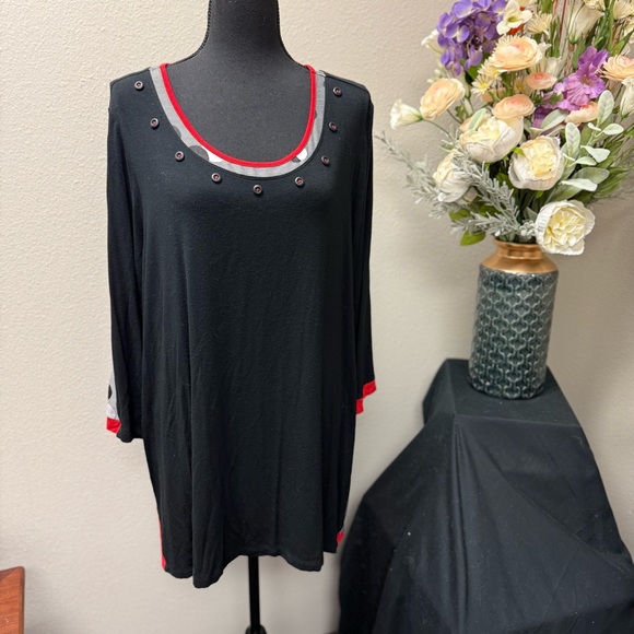 Ali Miles Tops - Ali Miles 2X Black & Red Trim Embellished Tunic Top
